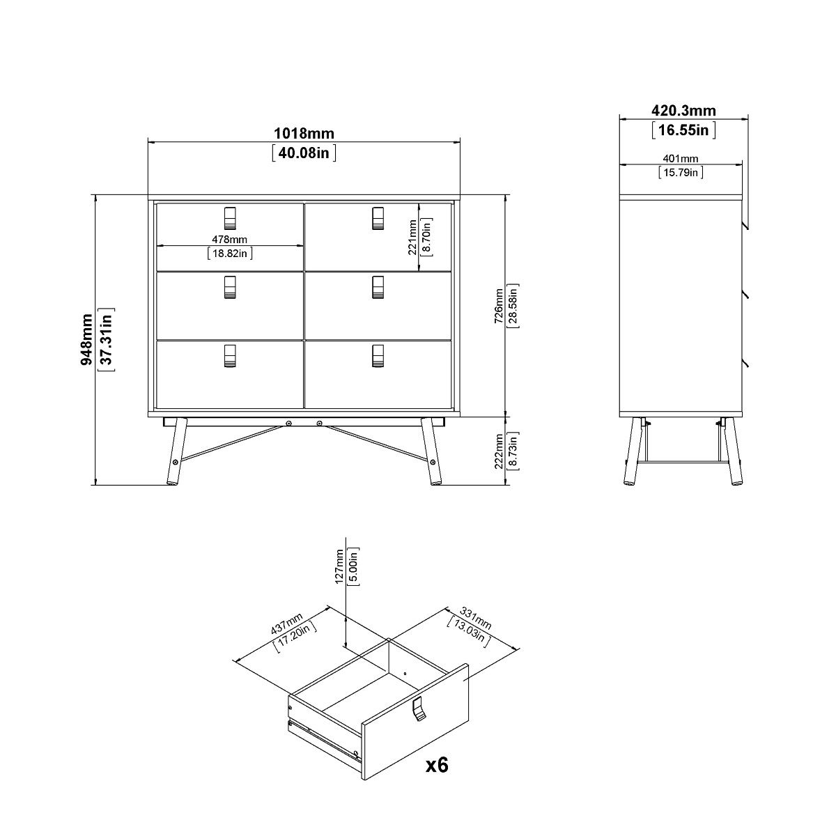 Ry Package - Wardrobe 3 Doors + 3 Drawers + Double chest 6 Drawers + Bedside Cabinet 2 Drawers In Matt Black Walnut - Price Crash Furniture