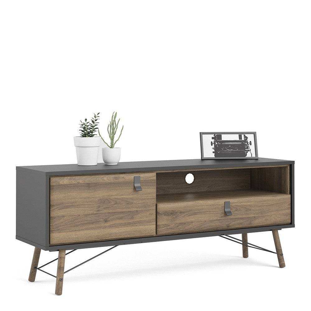 Ry TV Unit with 1 Door + 1 Drawer in Matt Black and Walnut - Price Crash Furniture
