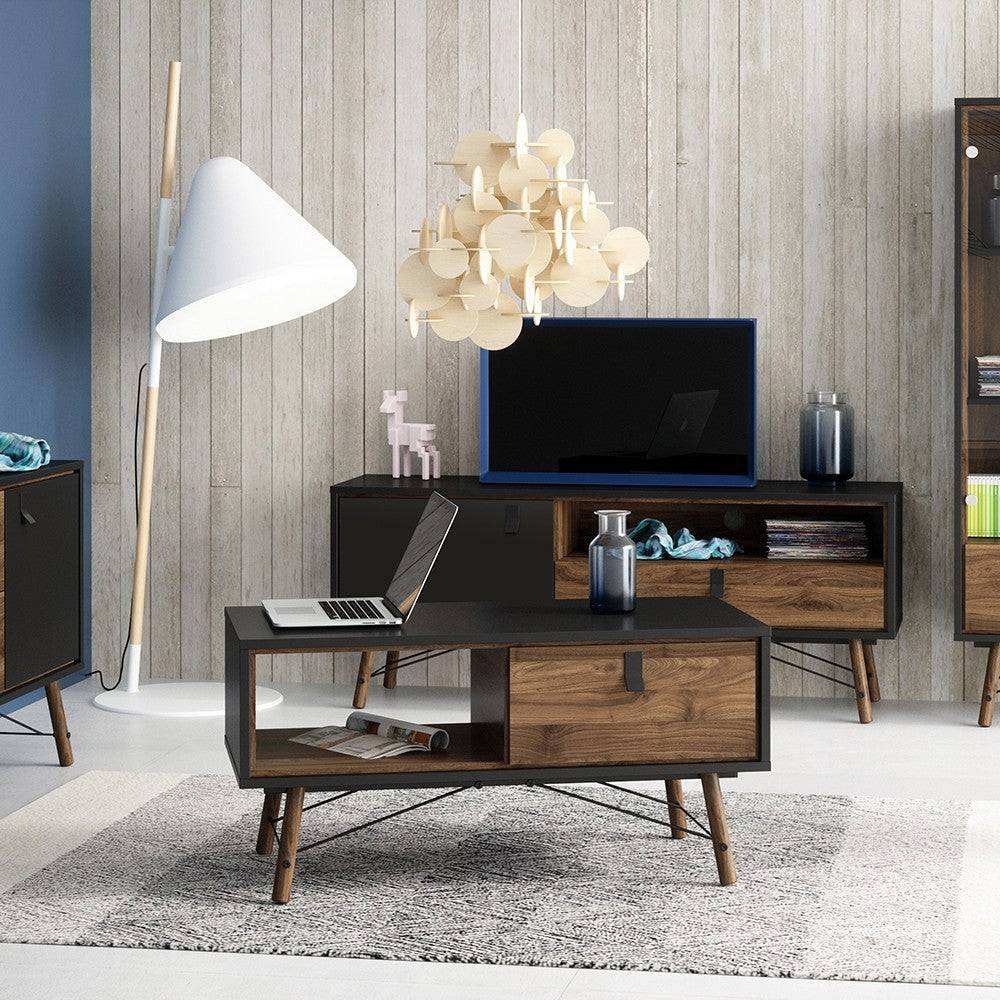Ry TV Unit with 1 Door + 1 Drawer in Matt Black and Walnut - Price Crash Furniture