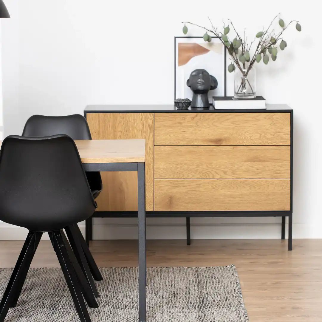 Seaford 1 Door 3 Drawer Small Sideboard in Black & Oak - Price Crash Furniture
