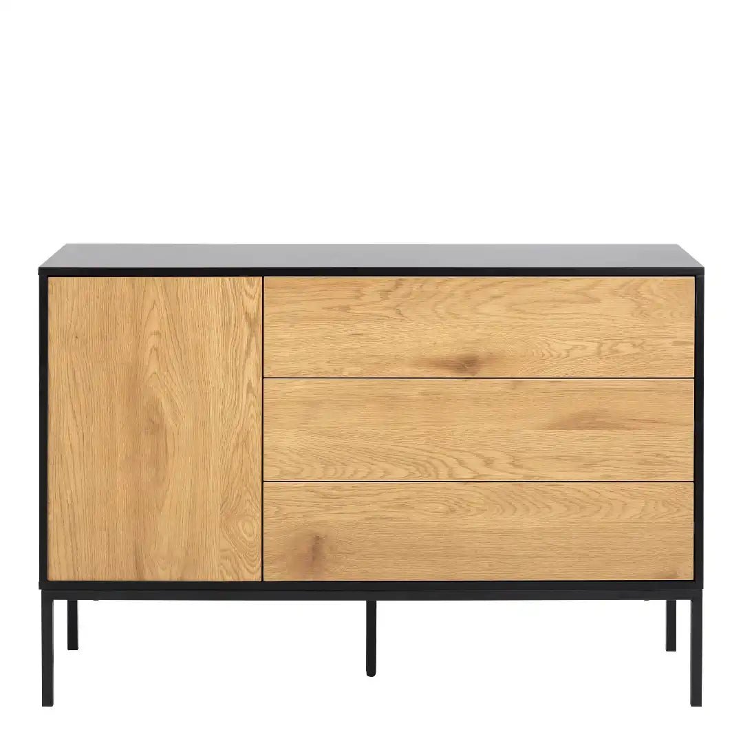 Seaford 1 Door 3 Drawer Small Sideboard in Black & Oak - Price Crash Furniture