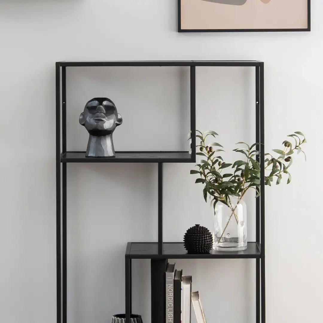 Seaford Black Metal Asymmetrical Bookcase with 3 Black Shelves - Price Crash Furniture