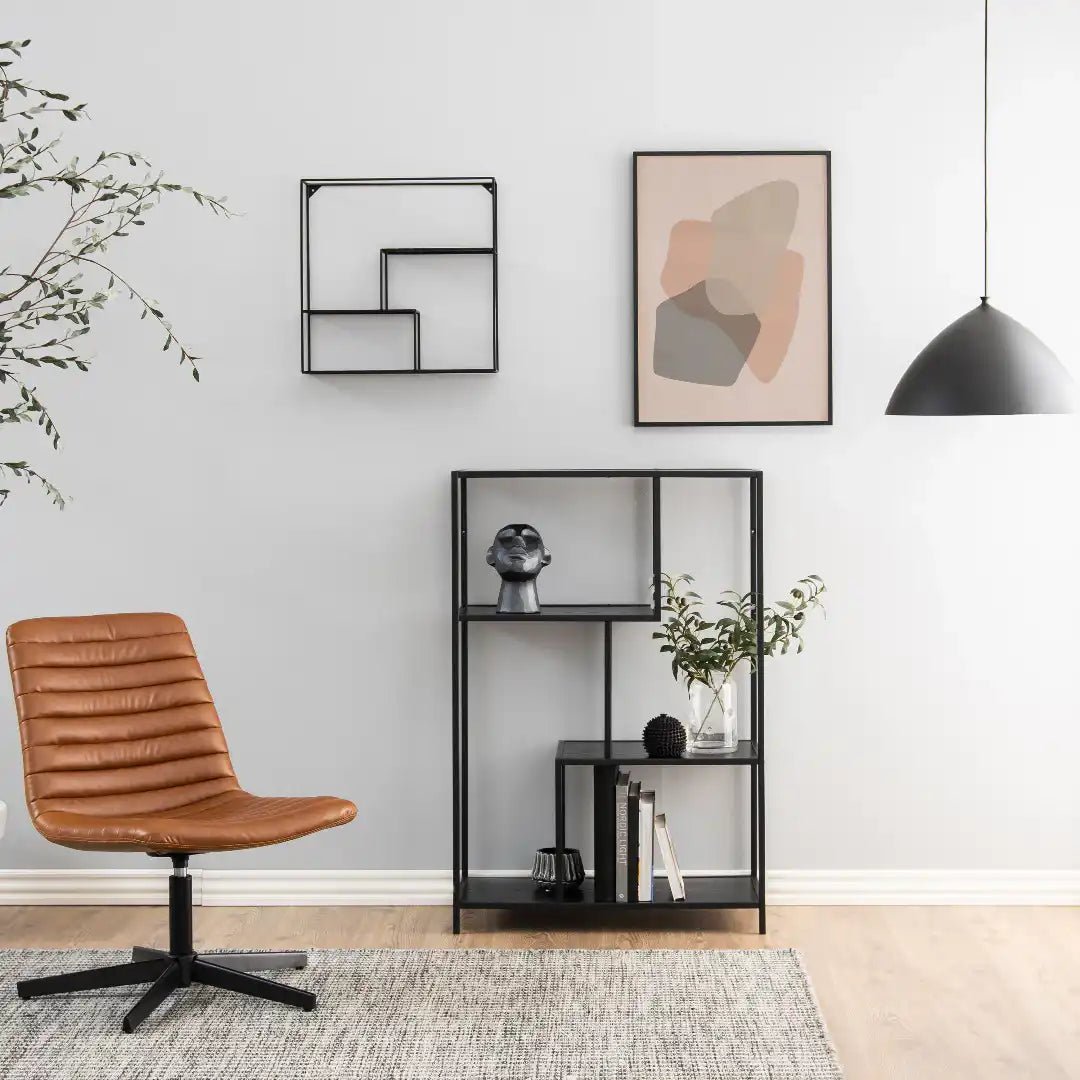 Seaford Black Metal Asymmetrical Bookcase with 3 Black Shelves - Price Crash Furniture