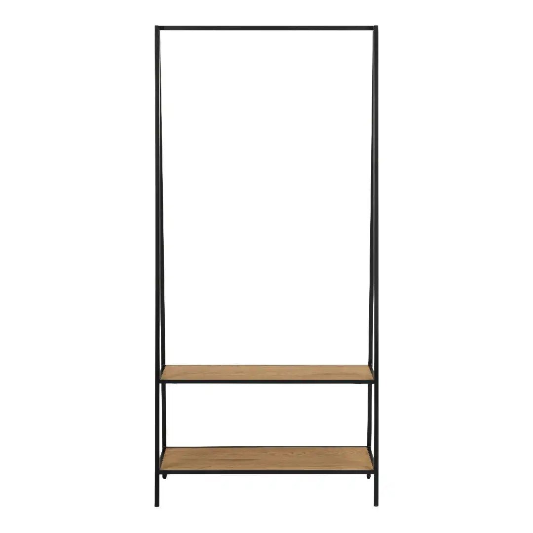 Seaford Black Metal Clothes Rack with 2 Oak Shelves - Price Crash Furniture