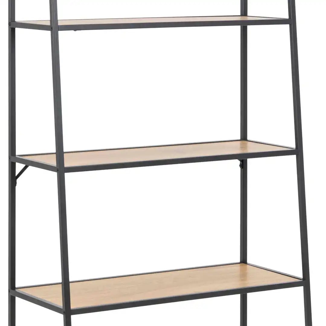 Seaford Black Metal Ladder Bookcase with 5 Oak Shelves - Price Crash Furniture