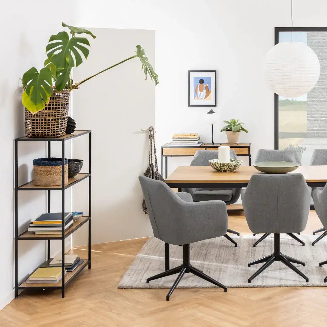 Seaford Black Metal Low Bookcase with 3 Oak Shelves - Price Crash Furniture