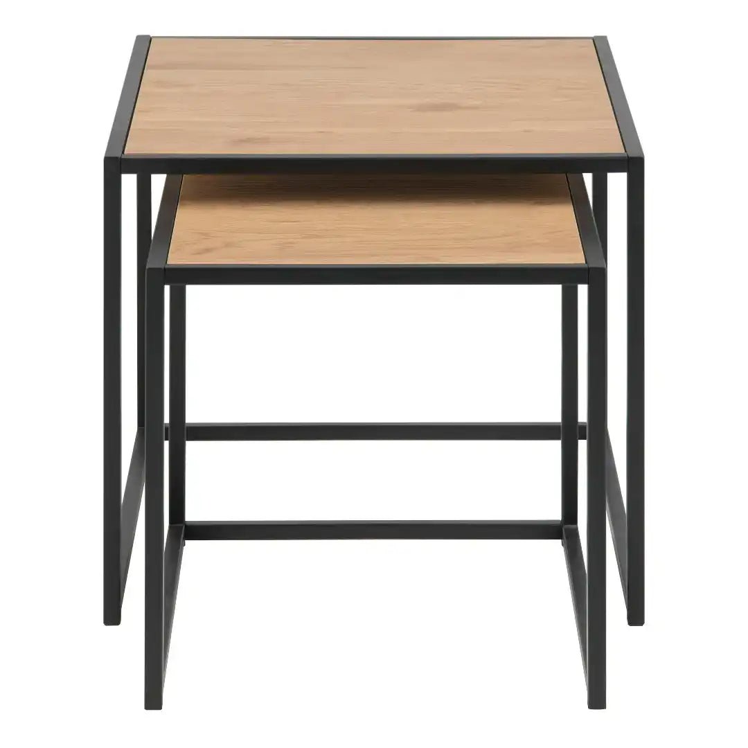 Seaford Black Metal Nest of Tables with Oak Top - Price Crash Furniture