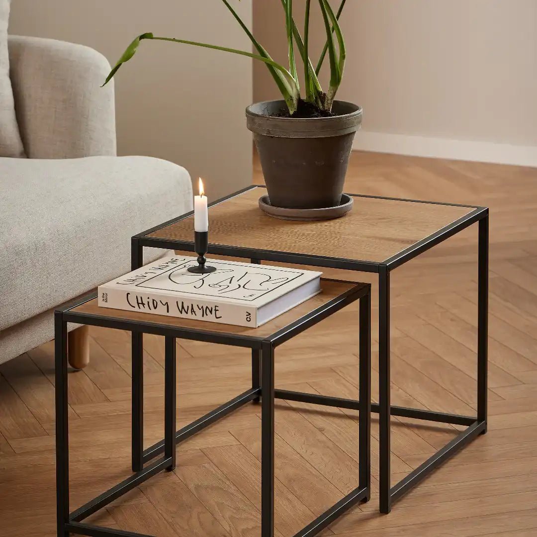 Seaford Black Metal Nest of Tables with Oak Top - Price Crash Furniture