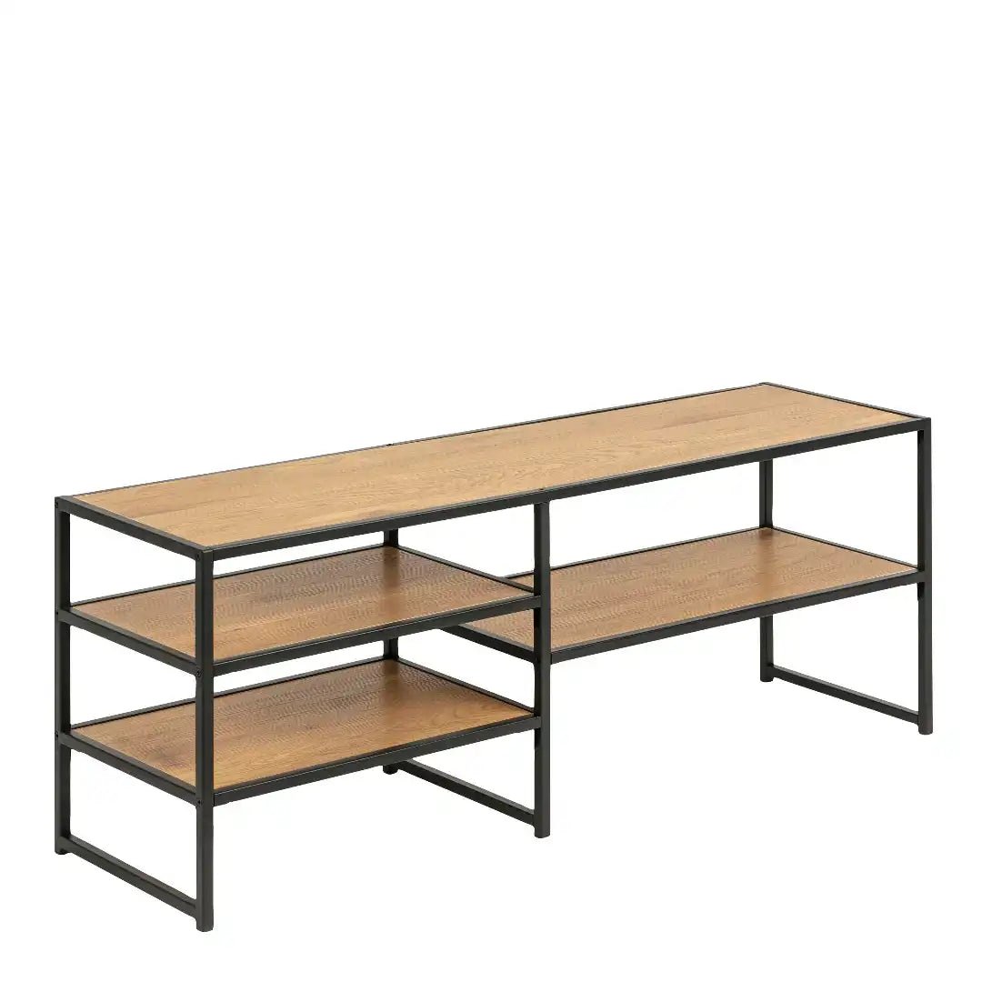 Seaford Black Metal Open TV Unit with 3 Oak Shelves - Price Crash Furniture