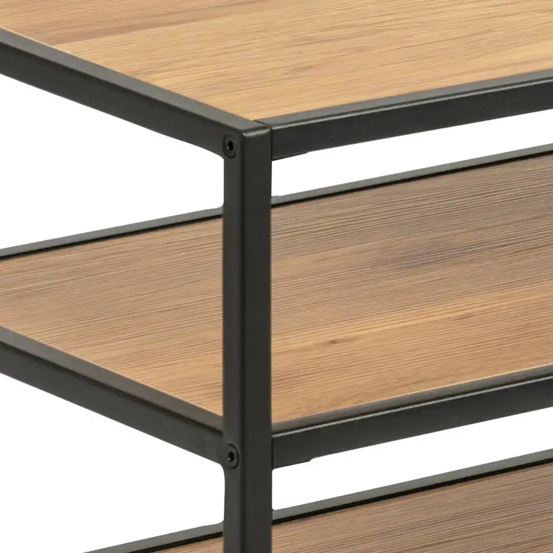Seaford Black Metal Open TV Unit with 3 Oak Shelves - Price Crash Furniture
