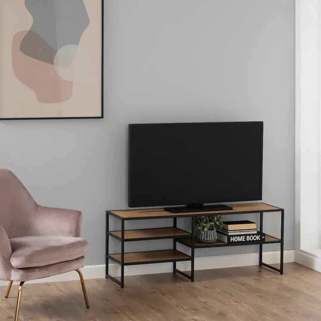 Seaford Black Metal Open TV Unit with 3 Oak Shelves - Price Crash Furniture