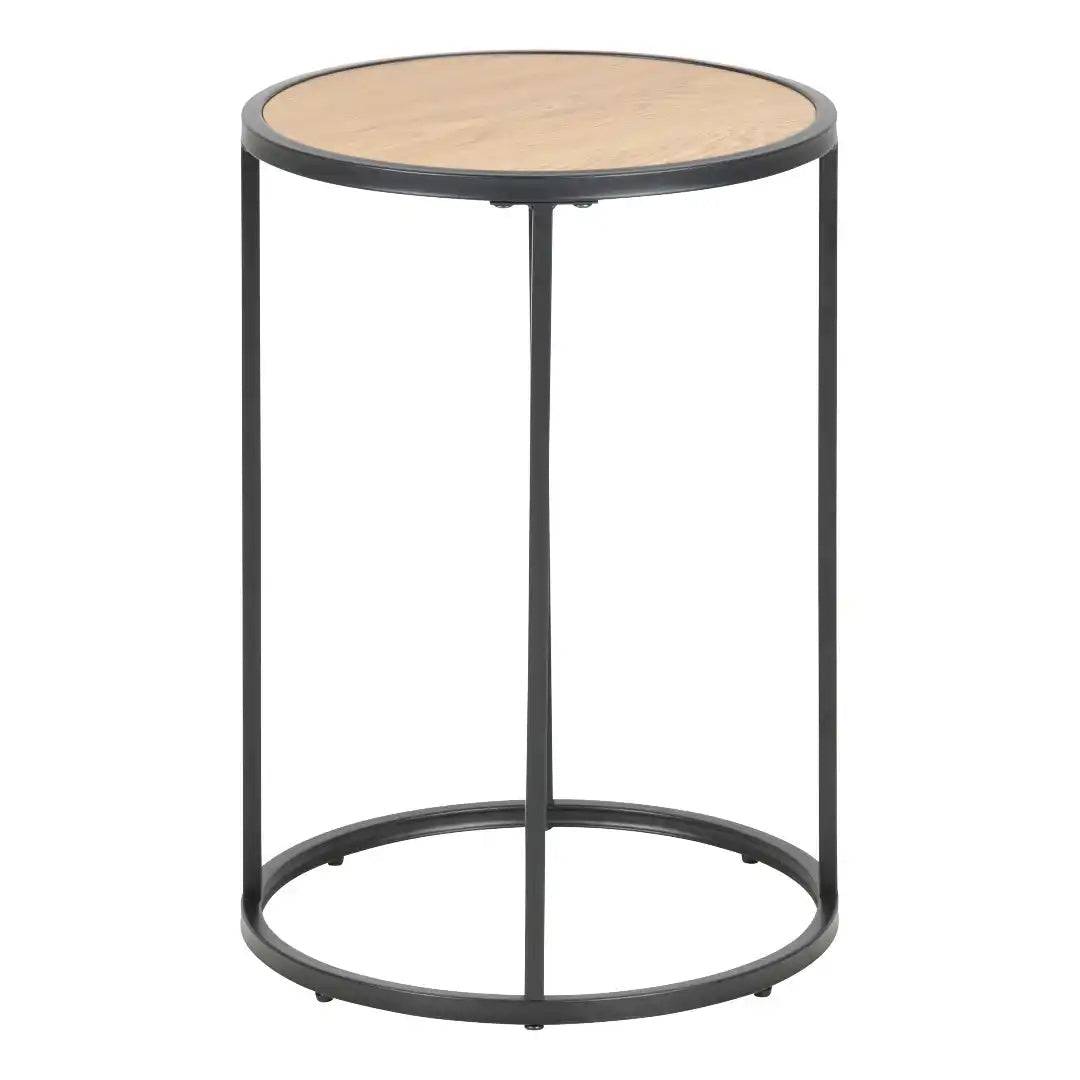 Seaford Black Metal Small Round Side Table with Oak Top - Price Crash Furniture