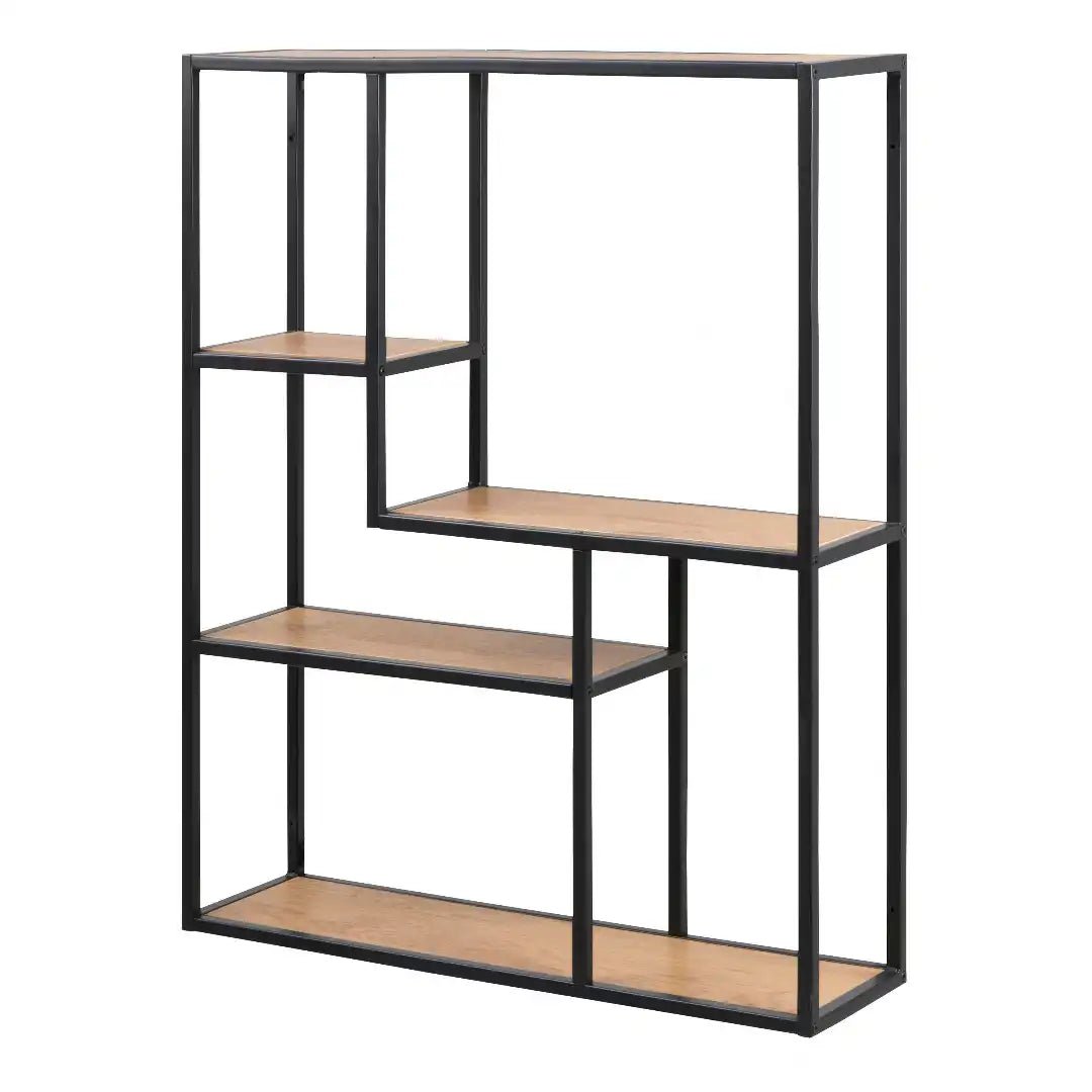 Seaford Black Metal Wide Wall Shelf with 3 Additional Oak Shelves - Price Crash Furniture