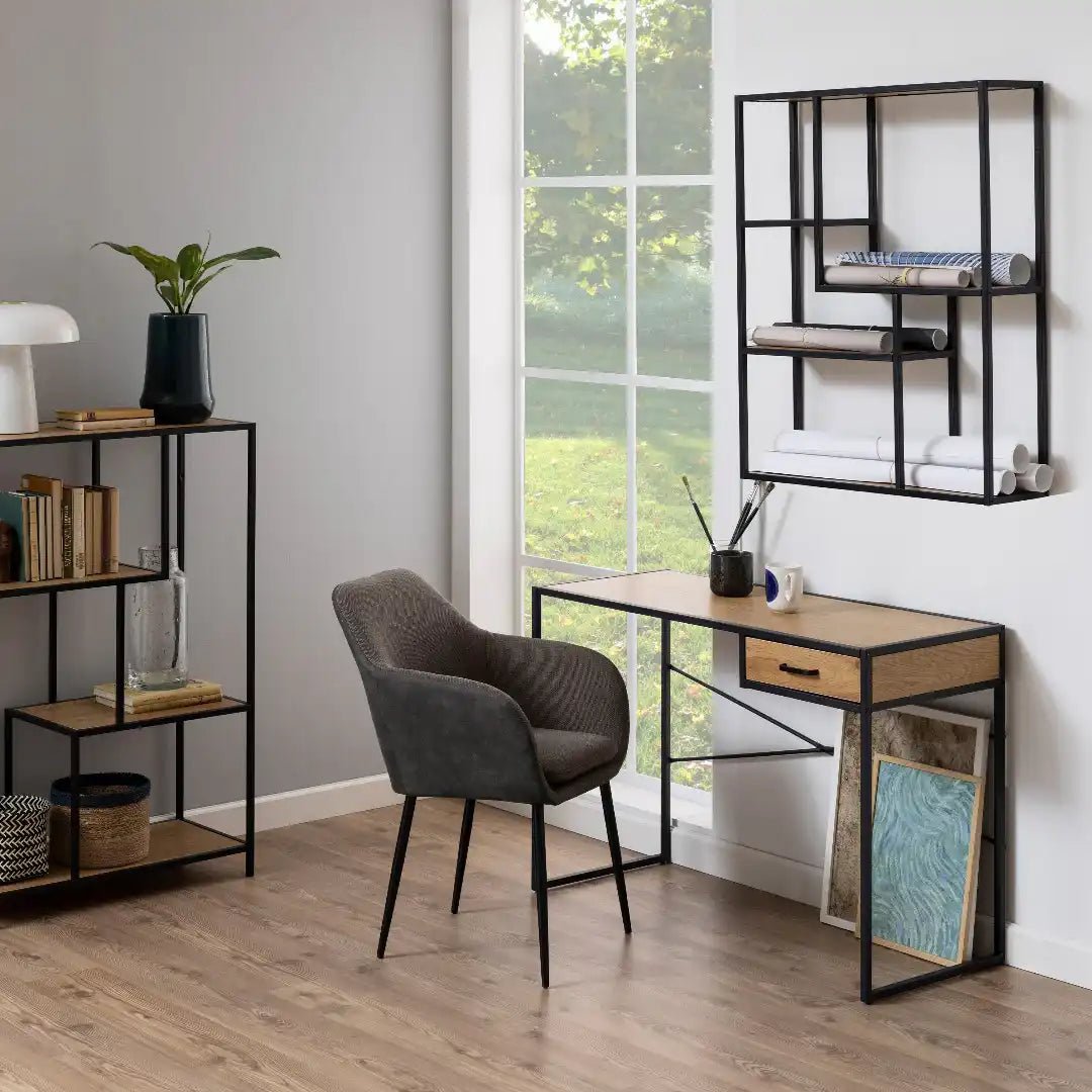 Seaford Black Metal Wide Wall Shelf with 3 Additional Oak Shelves - Price Crash Furniture