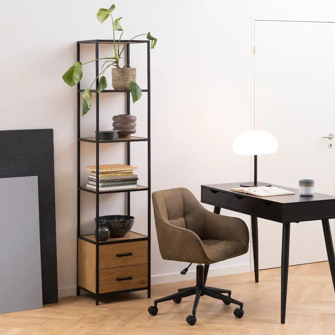 Seaford Bookcase with 2 Drawers and 3 Shelves in Black & Oak - Price Crash Furniture