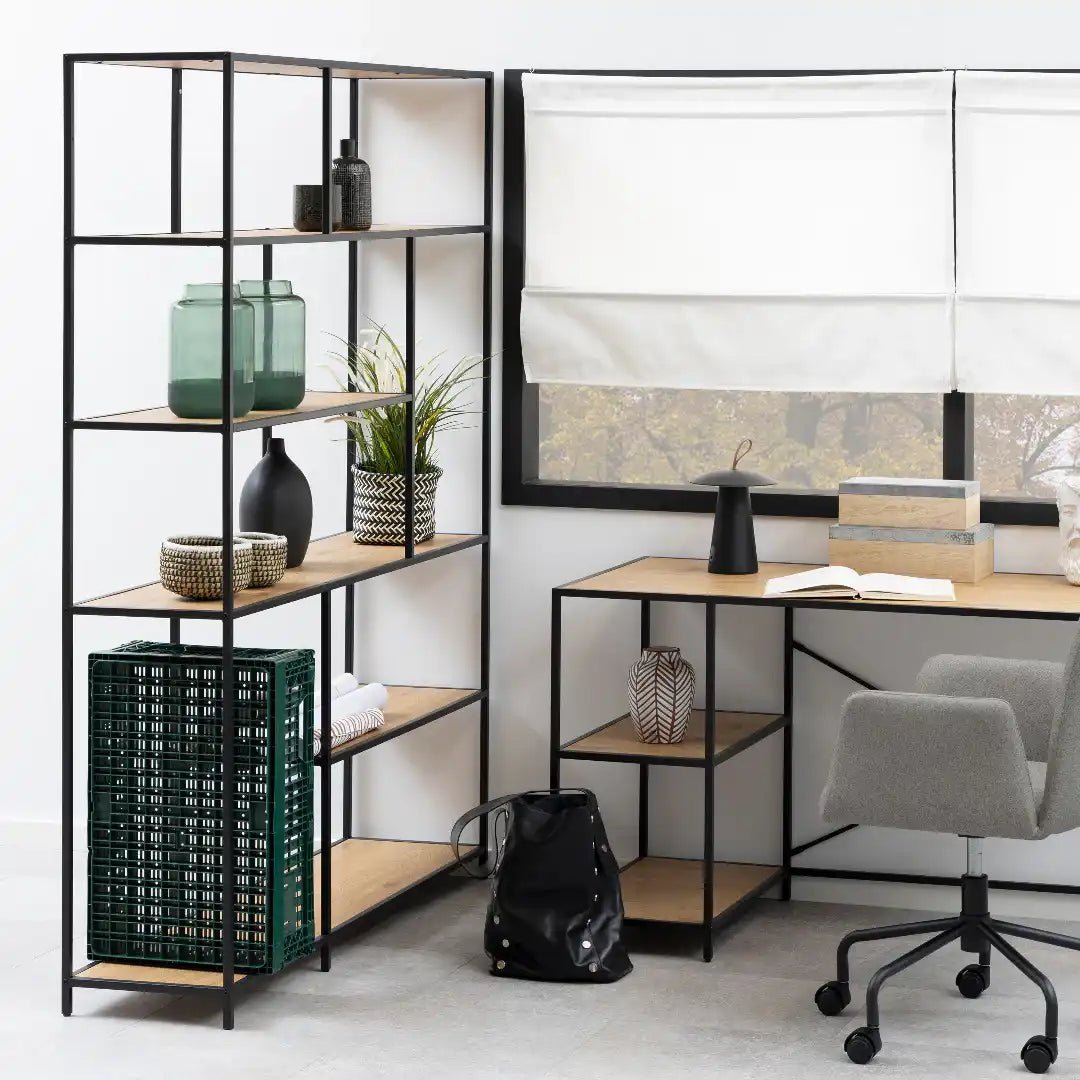 Seaford Bookcase with 5 Shelves in Black and Oak - Price Crash Furniture