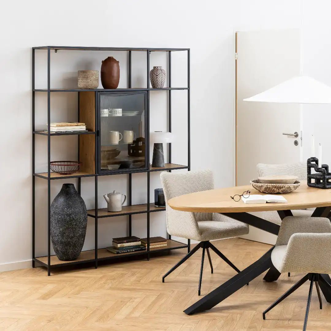 Seaford Bookcase with 7 Shelves and Glass Front Display in Black and Oak - Price Crash Furniture