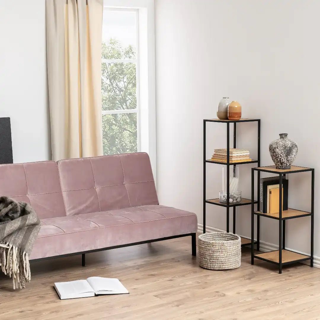 Seaford Narrow Black Metal Bookcase with 2 Oak Shelves - Price Crash Furniture