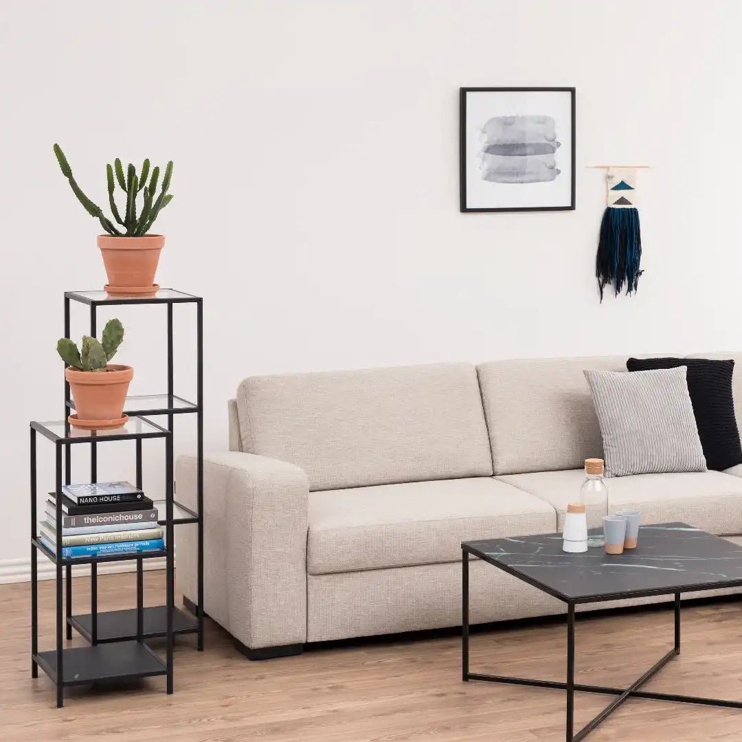 Seaford Narrow Black Metal Bookcase with 3 Glass Shelves - Price Crash Furniture