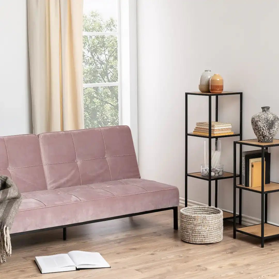 Seaford Narrow Black Metal Bookcase with 3 Oak Shelves - Price Crash Furniture