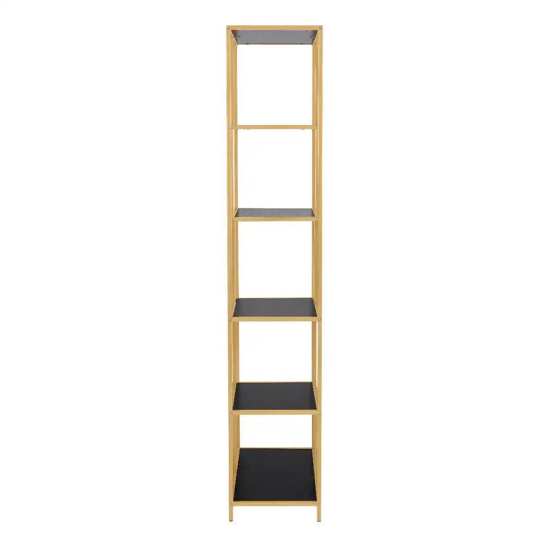 Seaford Tall Gold Metal Bookcase with 5 Black Shelves - Price Crash Furniture