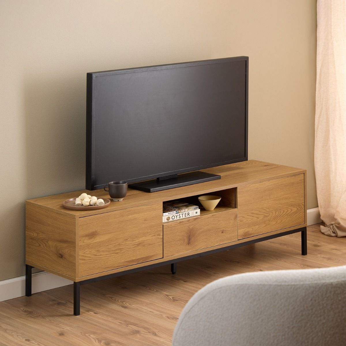 Seaford TV Cabinet 2 Doors 1 Drawer In Matt Wild Oak with Black Legs - Price Crash Furniture
