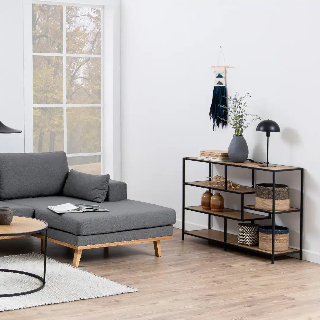 Seaford Wide Black Metal Bookcase with 4 Oak Shelves - Price Crash Furniture