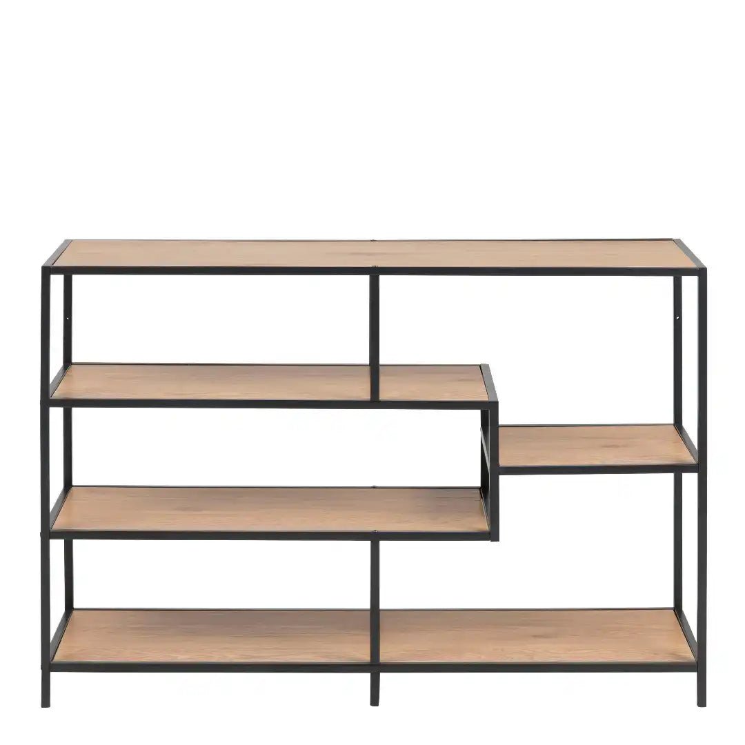 Seaford Wide Black Metal Bookcase with 4 Oak Shelves - Price Crash Furniture