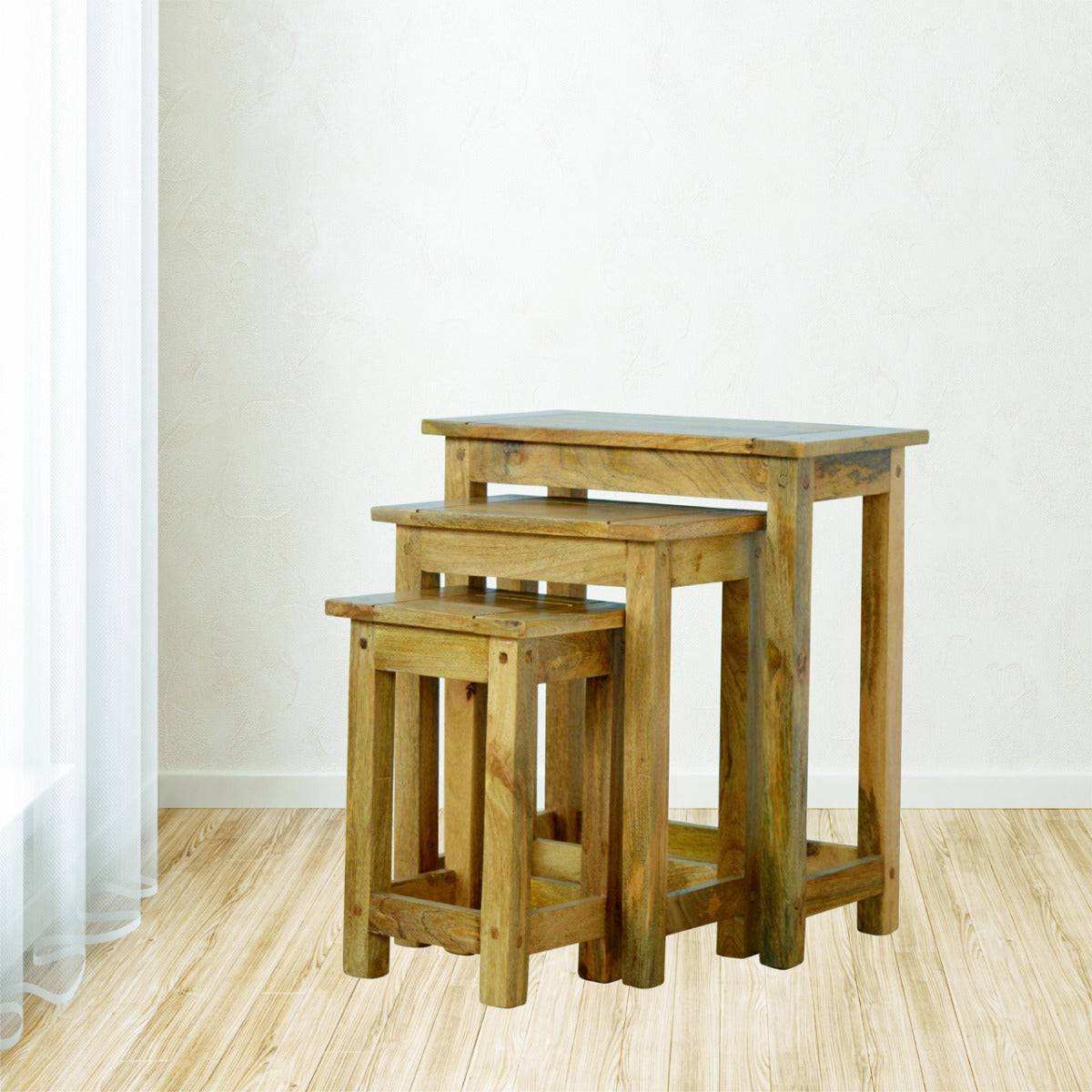 Set of 3 Nesting Table in Oak - effect Mango Wood - Price Crash Furniture