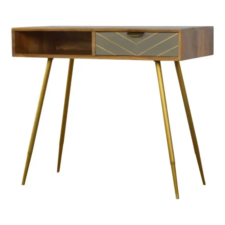 Sleek cement grey Nordic Style Laptop Desk with Brass Inlay Drawer - Price Crash Furniture