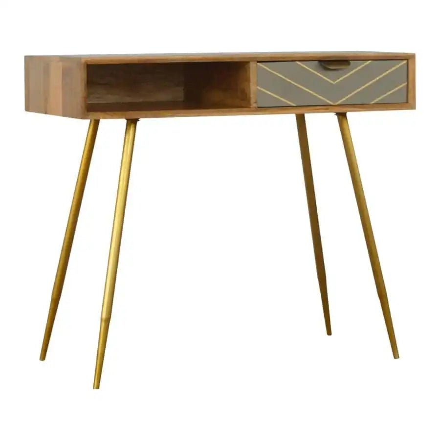 Sleek cement grey Nordic Style Laptop Desk with Brass Inlay Drawer - Price Crash Furniture