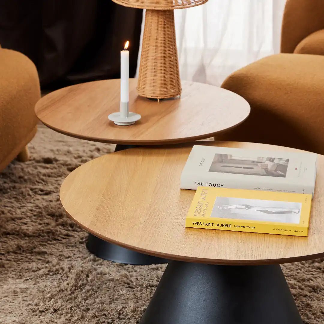 Soli Round Coffee Table in Oak/Black 85x40cm - Price Crash Furniture