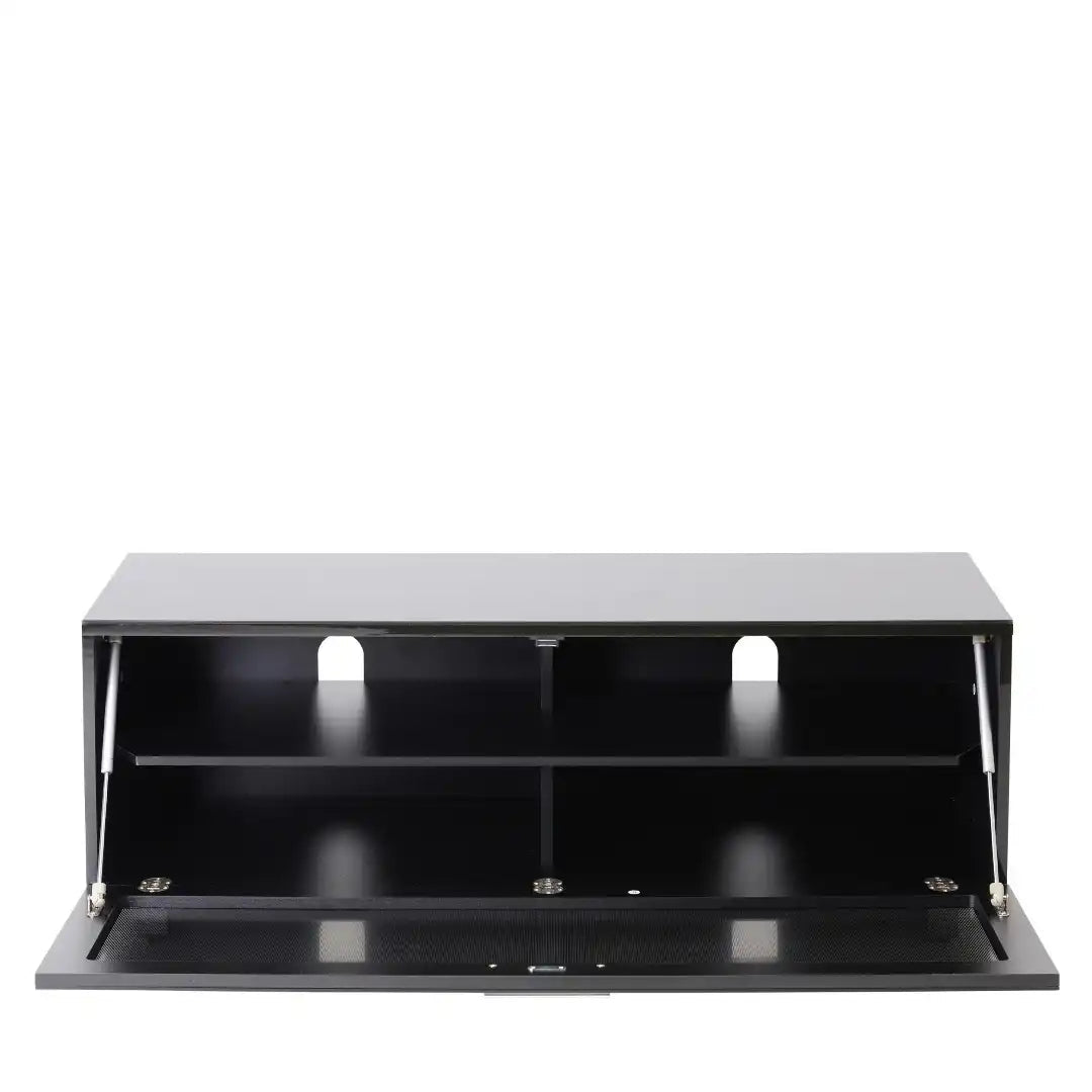 Sorrento Black High gloss TV Storage Cabinet, Bonded glass top, Aluminium feet 1200 mm - Price Crash Furniture