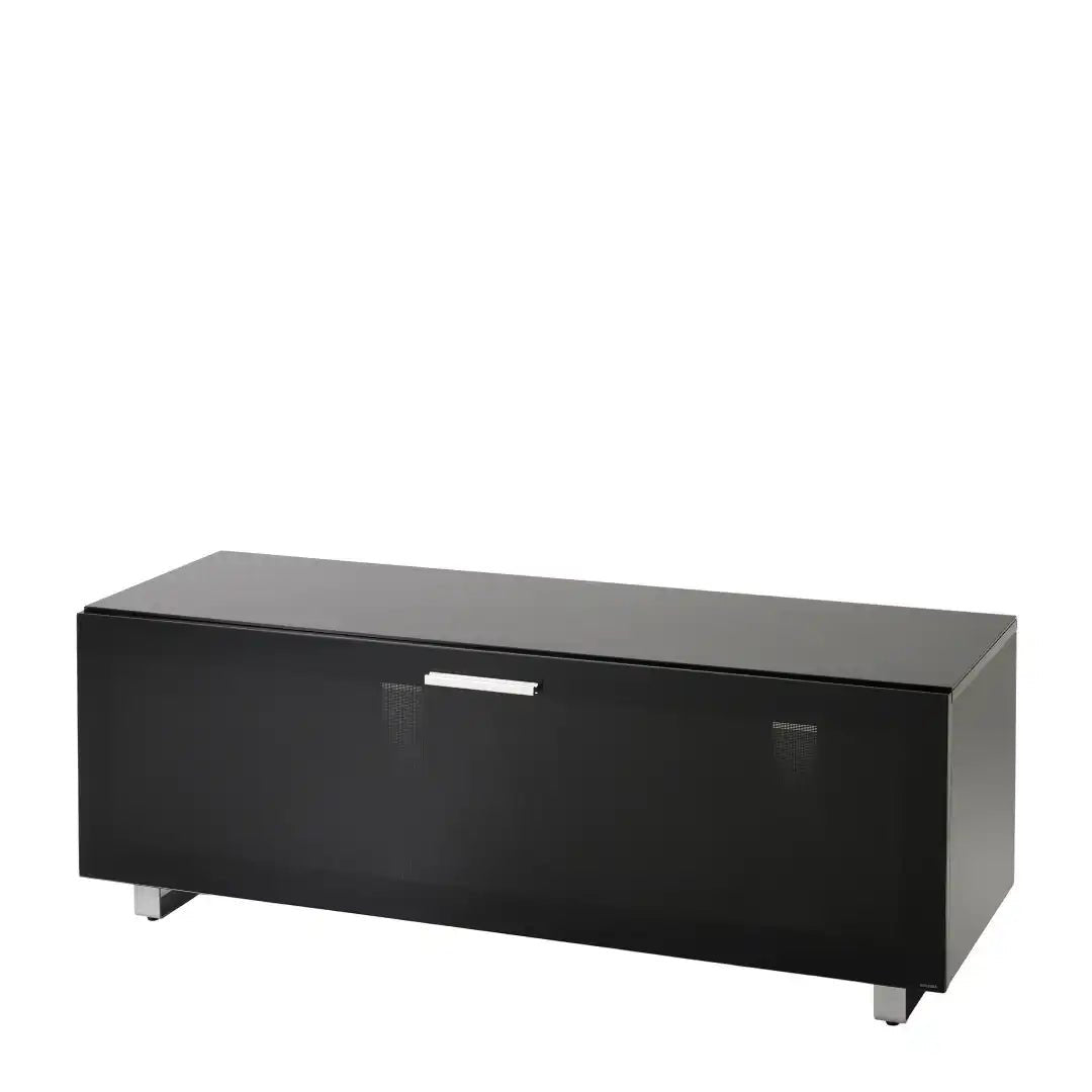 Sorrento Black High gloss TV Storage Cabinet, Bonded glass top, Aluminium feet 1200 mm - Price Crash Furniture