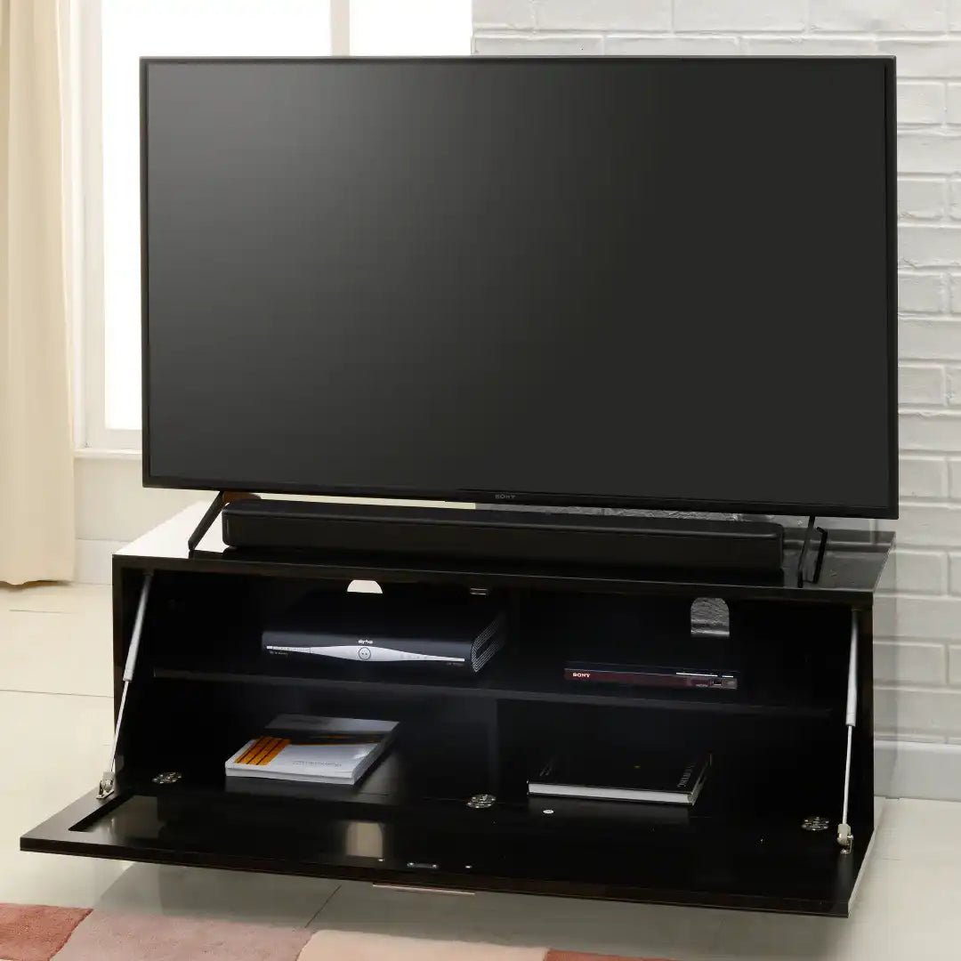 Sorrento Black High gloss TV Storage Cabinet, Bonded glass top, Aluminium feet 1200 mm - Price Crash Furniture