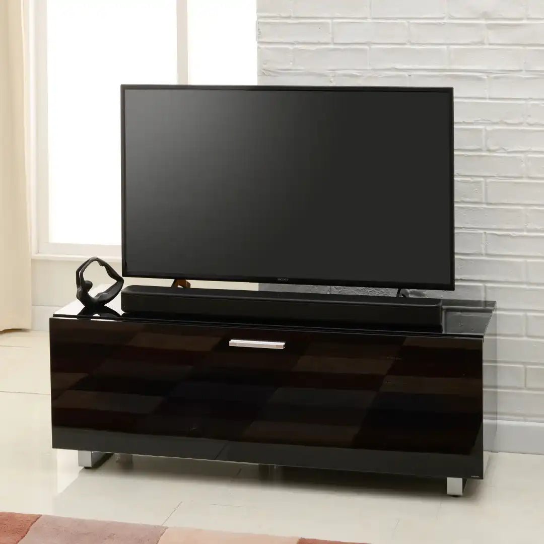 Sorrento Black High gloss TV Storage Cabinet, Bonded glass top, Aluminium feet 1200 mm - Price Crash Furniture