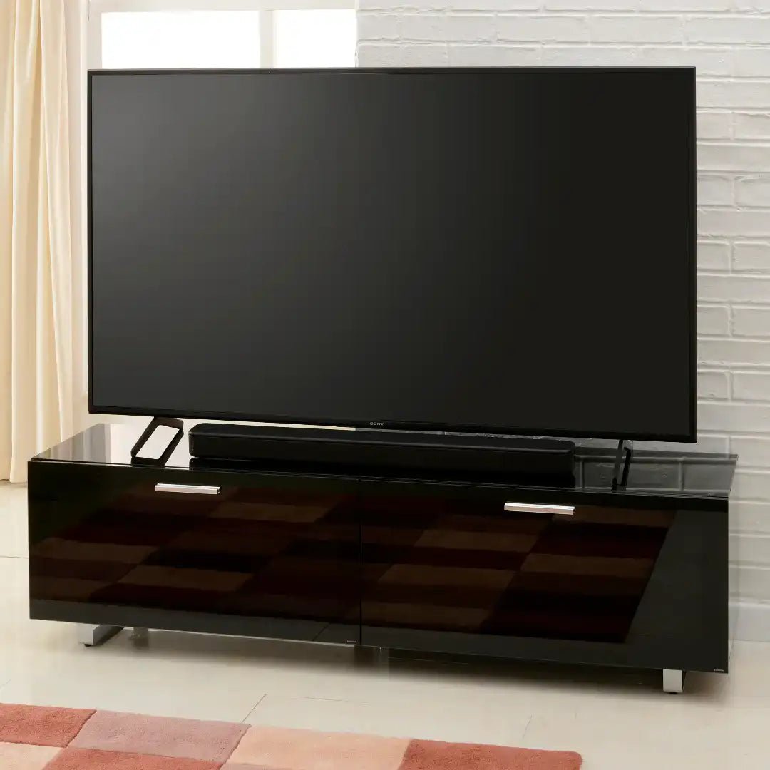 Sorrento Black High Gloss TV Storage Cabinet, Bonded glass top, Aluminium feet 1600 mm - Price Crash Furniture