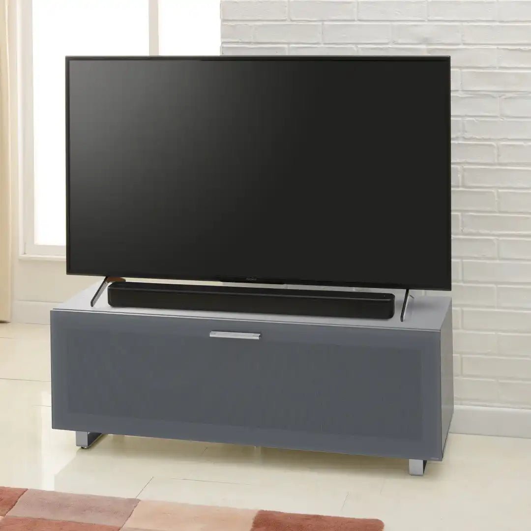 Sorrento Grey High gloss TV Storage Cabinet, Bonded glass top, Aluminium feet 1200 mm - Price Crash Furniture