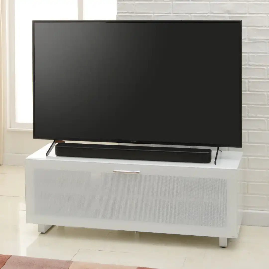 Sorrento White High gloss TV Storage Cabinet, Bonded glass top, Aluminium feet 1200 mm - Price Crash Furniture