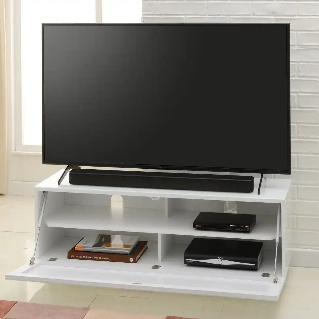Sorrento White High gloss TV Storage Cabinet, Bonded glass top, Aluminium feet 1200 mm - Price Crash Furniture