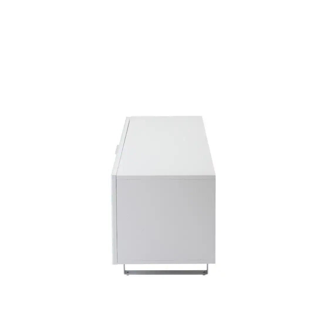 Sorrento White High gloss TV Storage Cabinet, Bonded glass top, Aluminium feet 1200 mm - Price Crash Furniture