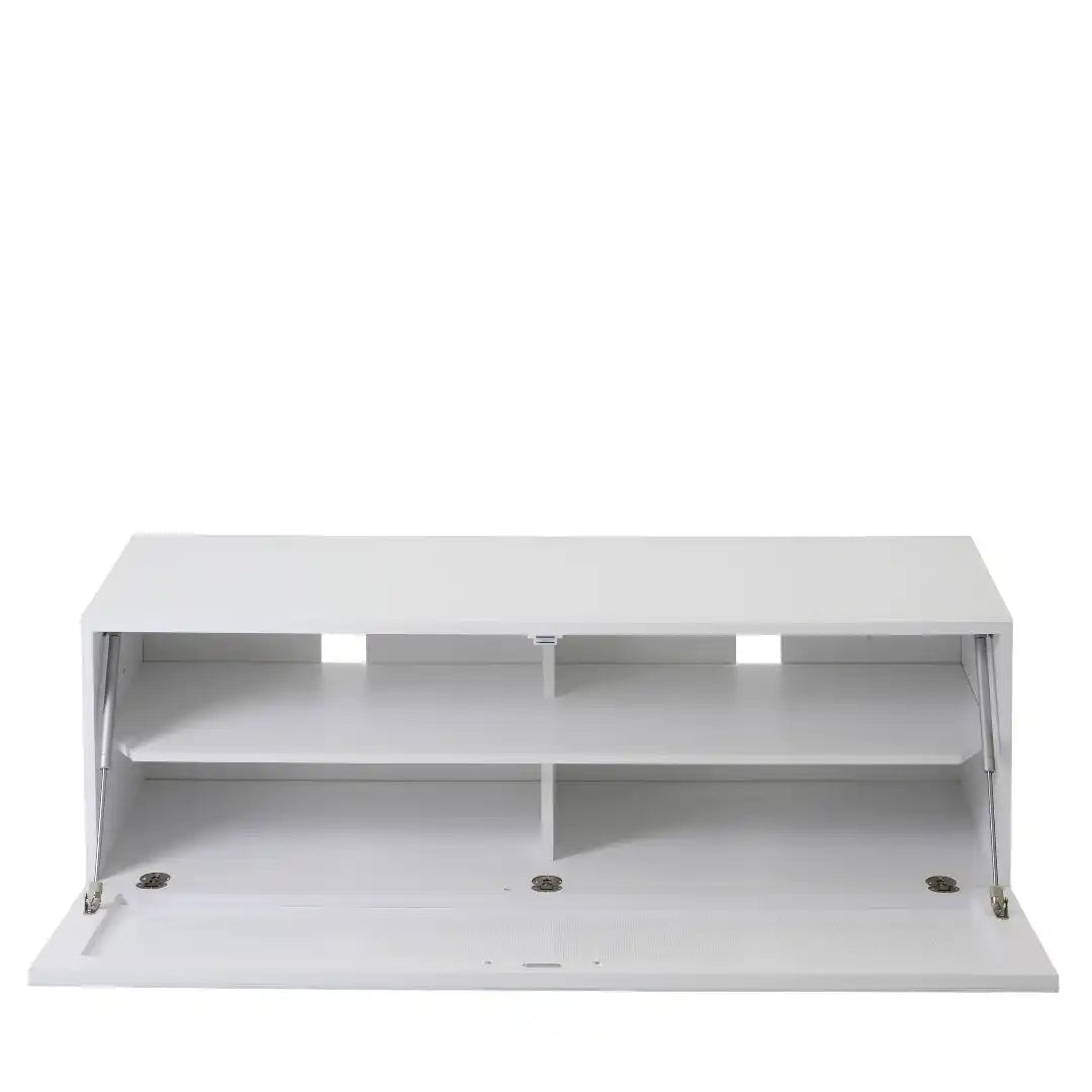 Sorrento White High gloss TV Storage Cabinet, Bonded glass top, Aluminium feet 1200 mm - Price Crash Furniture