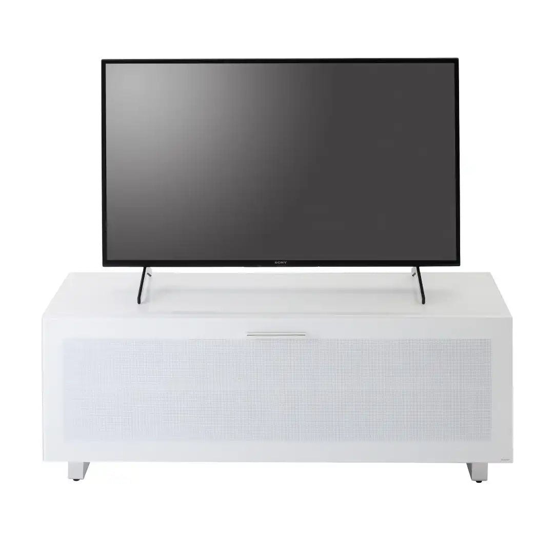 Sorrento White High gloss TV Storage Cabinet, Bonded glass top, Aluminium feet 1200 mm - Price Crash Furniture