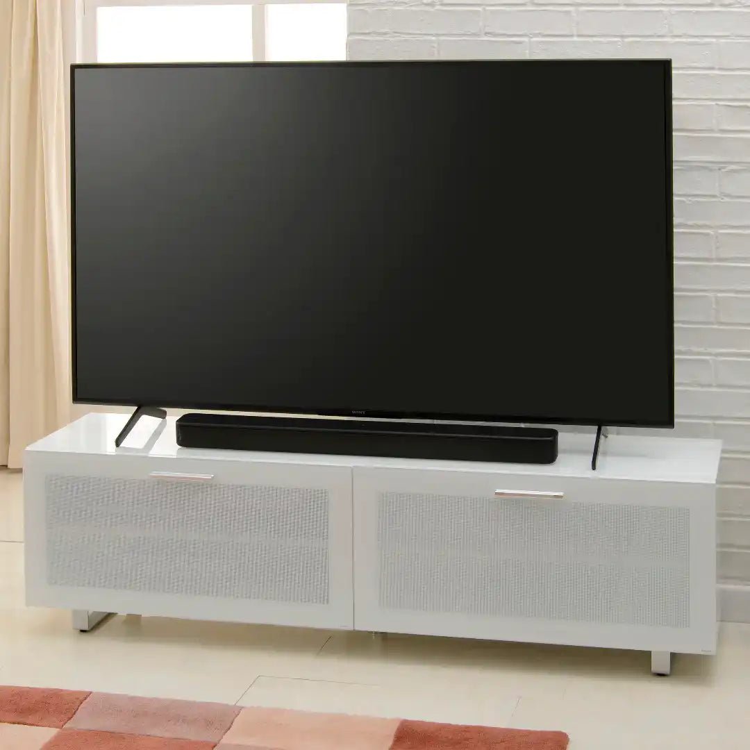 Sorrento White High Gloss TV Storage Cabinet, Bonded glass top, Aluminium feet 1600 mm - Price Crash Furniture