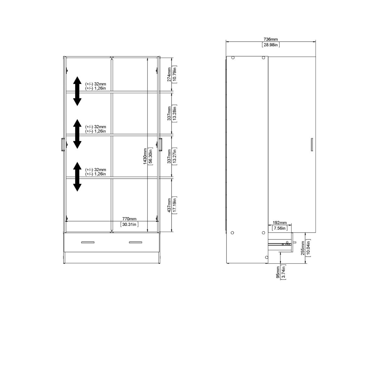 Space 175cm Tall Wardrobe With 2 Doors & 1 Drawer In In Oak - Price Crash Furniture