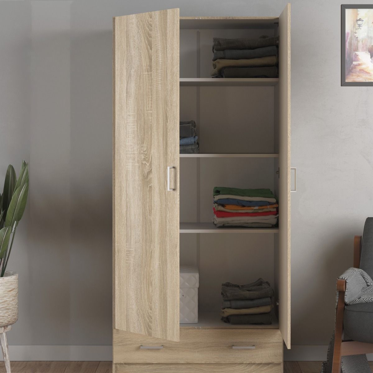 Space 175cm Tall Wardrobe With 2 Doors & 1 Drawer In In Oak - Price Crash Furniture