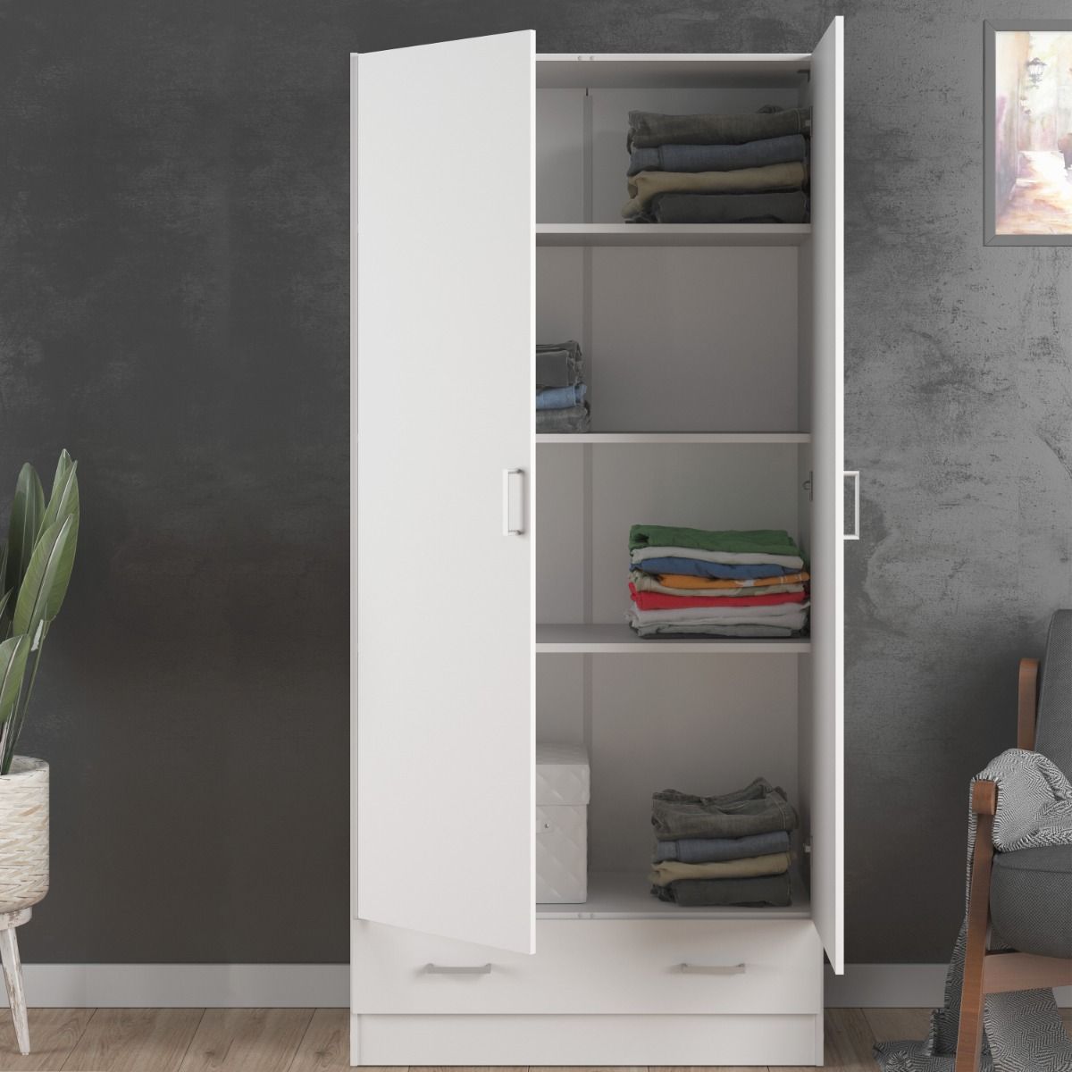 Space 175cm Tall Wardrobe With 2 Doors & 1 Drawer In White - Price Crash Furniture