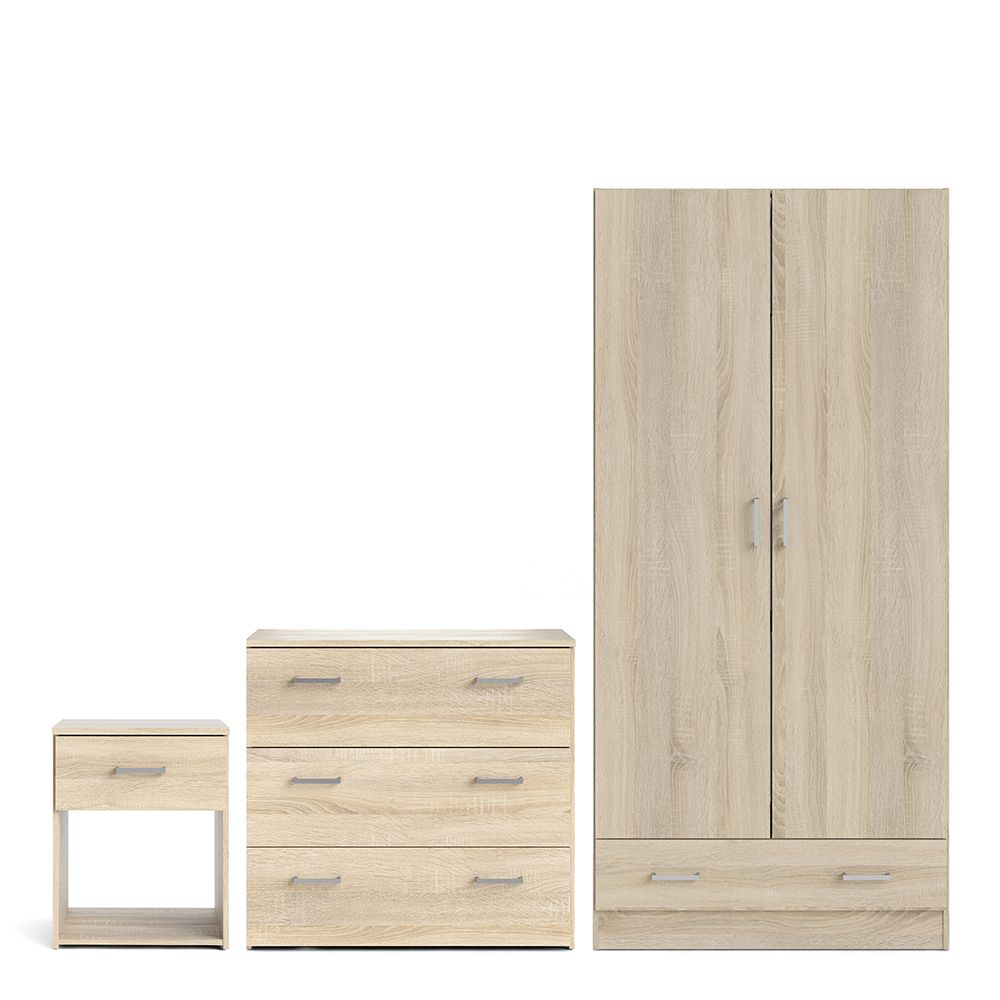 Space Package - Bedside 1 Drawer + Chest Of 3 Drawers + Wardrobe With 2 Doors + 1 Drawer In Oak - Price Crash Furniture