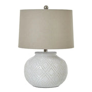 Squat White Beaded Ceramic Lamp With Linen Shade - Price Crash Furniture