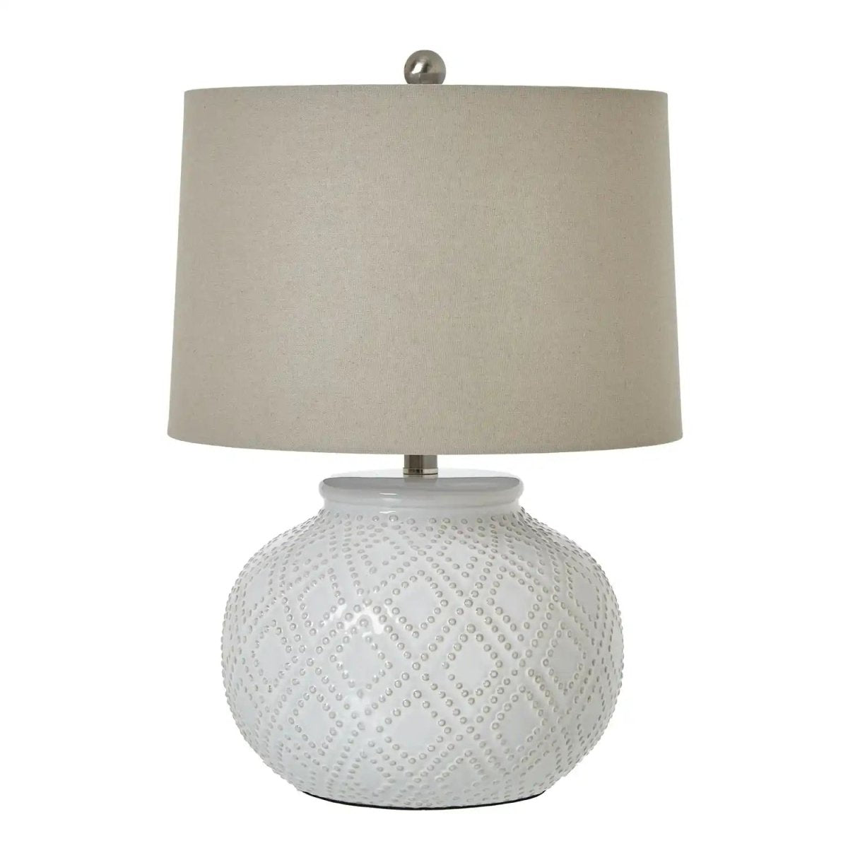 Squat White Beaded Ceramic Lamp With Linen Shade - Price Crash Furniture